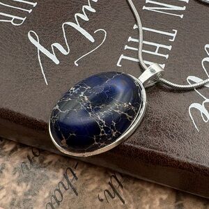 Silver Pendant Necklace with Deep Blue Marbled Stone